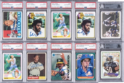 1960-2008 Topps and Assorted Brands Multi-Sport Signed Card Collection (10) - Including Greg Maddux, Gale Sayers, Mike Singletary, Brooks Robinson and Others! (PSA/DNA & BAS)